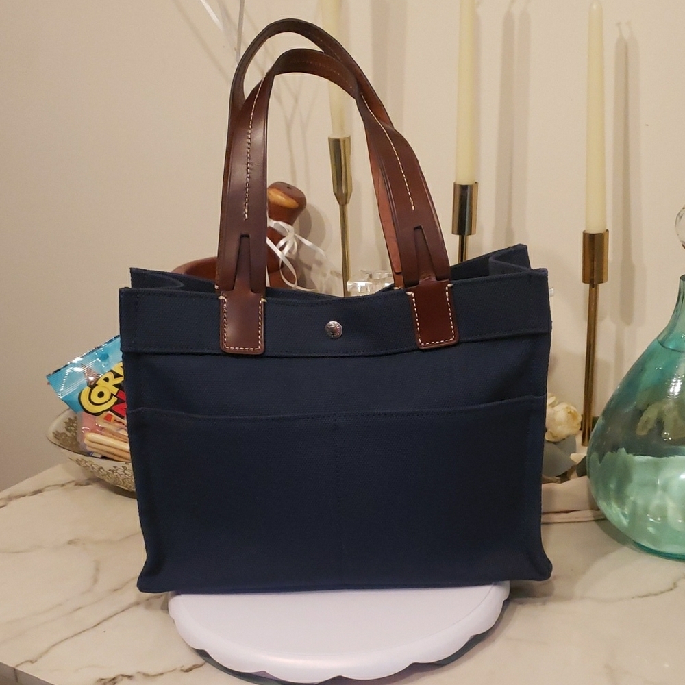Dooney & Bourke Navy Canvas Tote with Brown Leather Handles - Picture 17 of 17
